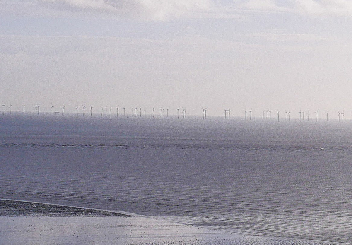 Wind turbines along a coastline with a cloudy sky